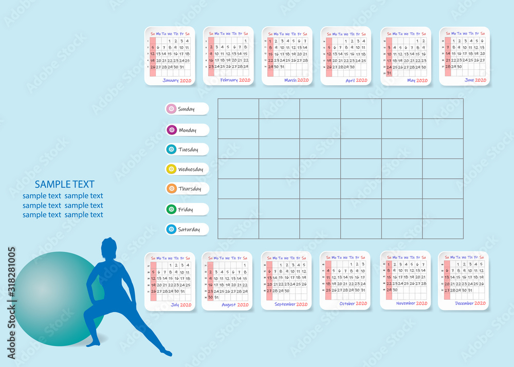 Calendar for 2020 year with weekly planner in the centre of the vector ...