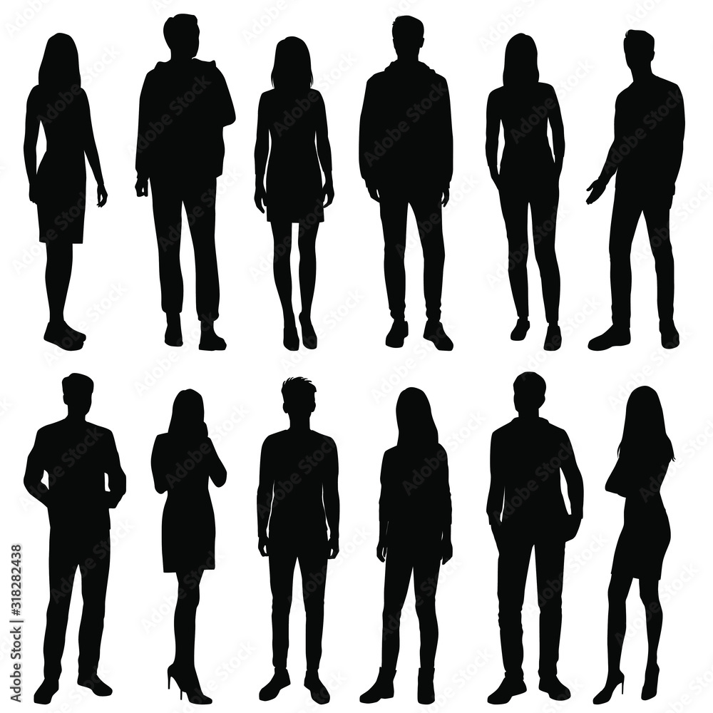 Vector silhouettes of  men and a women, a group of standing  business people, black color isolated on white background - obrazy, fototapety, plakaty 