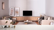 © ArchiVIZ - White table top or shelf with minimalistic bird ornament, birdie knick - knack over blurred cosy gray and beige living room with sofa, lounge, carpet, modern interior design