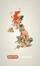 United Kingdom Poster In Retro Style. Map Of The Country With Regions In Autumn Color Palette. Shape Of United Kingdom With Country Name. Stylish Vector Illustration.