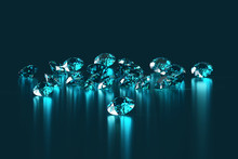 Group Of Blue Round Diamonds Gem Placed On Reflection Background 3d Rendering.