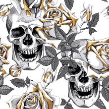 Seamless Pattern With Gold Rose Flowers, Leaves, Buds And Silver Skulls  On A White Background. Vector Illustration.