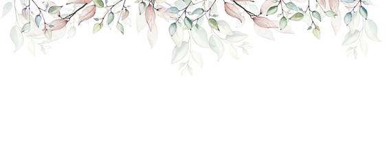 Watercolor painted floral frame on white background. Arrangement with branches and leaves.