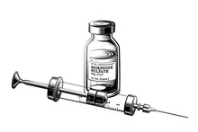 Morphine Drug Bottle And Syringe Vector. Hand Drawn Illustration Of Injectable Drug.