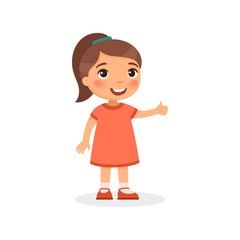 Cute girl showing thumbs up gesture color flat vector illustration. Happy little kid in red dress and dark hair ponytail. Smiling toddler, preteen child cartoon character isolated on white background