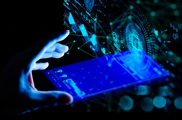 Fototapete - Hnad working with Digital transformation change management and internet of things (IoT) Ui.