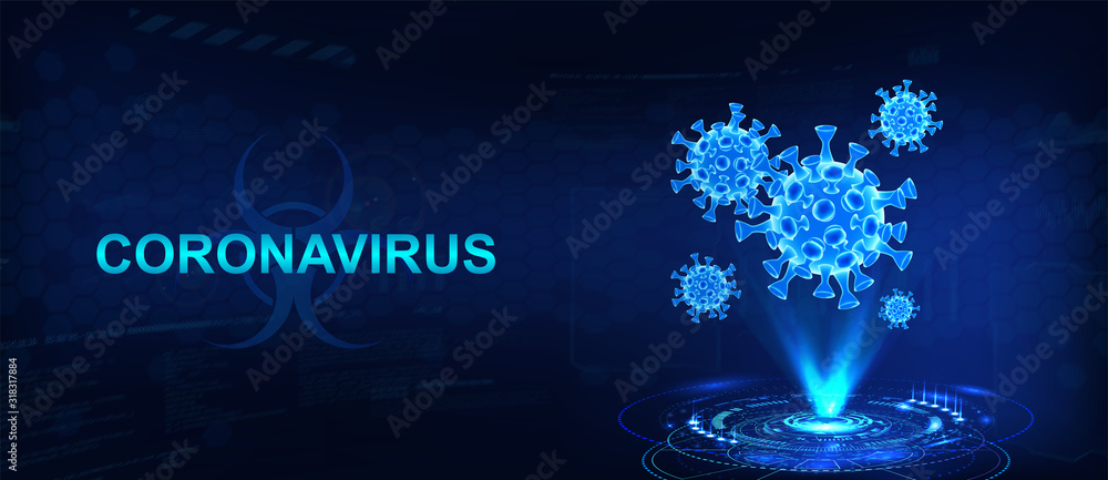 Hologram of coronavirus COVID-2019 on a blue futuristic background. Deadly type of virus 2019-nCoV. 3D models of coronavirus bacteria. Vectonic illustration in HUD style - obrazy, fototapety, plakaty 