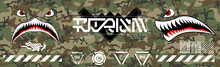 Military Prints For Clothes, T-shirts And Other Merchs. Futuristic Lettering And Design Elements On A Seamless Camouflage Background. Modern Clothes For The City. Trendy Digital Prints Set. Vector