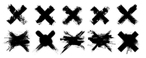 Vector set X black mark. 10 highly detailed and different crosses. Cross sign graphic symbol. High quality manually trace. Grunge X mark. Vector