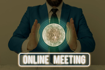 Text sign showing Online Meeting. Business photo text a meeting that takes place over an electronic medium Elements of this image furnished by NASA