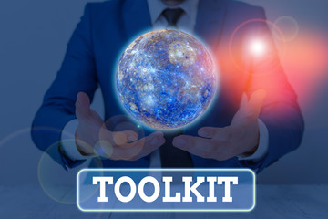 Wall Mural - Text sign showing Toolkit. Business photo showcasing set of tools kept in a bag or box and used for a particular purpose Elements of this image furnished by NASA