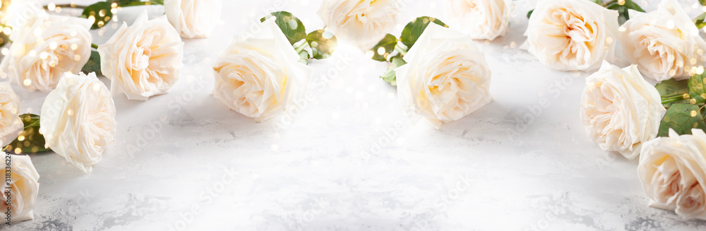 Beautiful white  roses flowers . - obrazy, fototapety, plakaty 