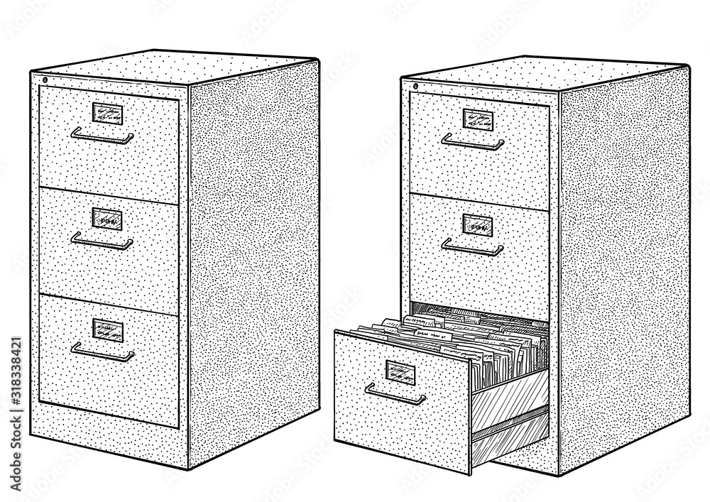 Filing cabinet illustration, drawing, engraving, ink, line art, vector