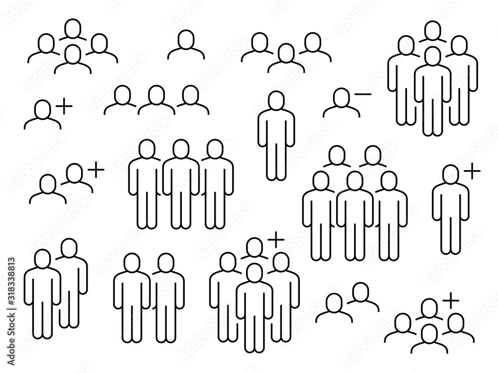 People line icons. Business people groups outline pictograms, add friend request, communication, teamwork and human crowd vector signs - obrazy, fototapety, plakaty 