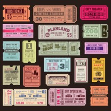 Cinema Or Theater Ticket Set. Vintage Invite Tickets With Stamp, Retro Voucher For Museum Or Concert Event Isolated Vector Design