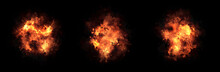 Fire Flame On Dark Background.Set Of 3 Fires On A Long Wide Background.