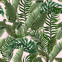 Seamless pattern with tropical leaves on pink background. Vector.