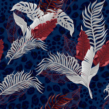 Seamless Pattern With White Tropical Leaves On Blue Leopard Background.