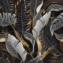 Seamless Pattern With Black And White Tropical Leaves And Golden Elements. Vector.