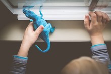 Cropped Hands Of Boy Playing With Dinosaur Toy On Window Sill