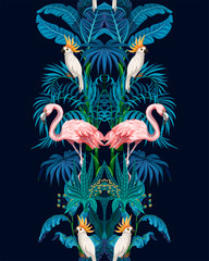 Naklejka na meble Seamless border with jungle trees, flamingo and parrots. Vector.