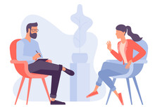 Flat Design Vector Concept For Psychotherapy Session. Patient With Psychologist, Psychotherapist Office. Psychiatrist Session In Mental Health Clinic.