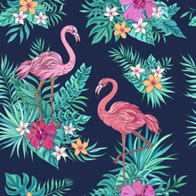 Vector Trendy Seamless Pattern With Flamingo, Palm Leaves, Hibiscus And Plumeria. Summer Decoration Print For Wrapping, Wallpaper, Fabric. Seamless Vector Texture. Tropical Bouquet Flowers.