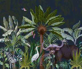 Border with bull and other animals in jungle. Vector.