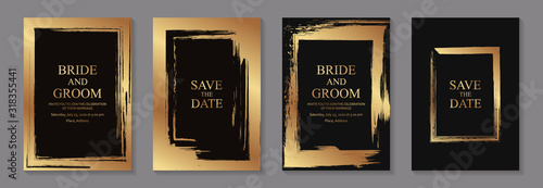 Fotografía Set of modern grunge luxury wedding invitation design or card templates for business or poster or greeting with golden paint brush frames on a black background