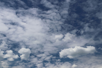 Wall Mural - Clear blue sky with cumulus and cirrus clouds. Sunny weather. Joyful mood. High pressure. Clean air ecology. Water in a gaseous state. The source of rain and hail. Weather prediction