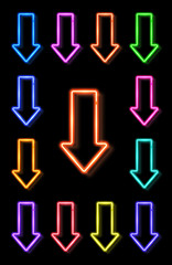 Wall Mural - neon realistic arrows set showing down direction on black background. color symbol set. electric lig