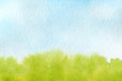 watercolor background is green and blue gradient. Sky with clouds and Green meadow with grass