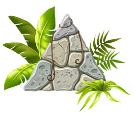 Wall Mural - Stone board decoration tropical leaves and grass. Isolated vector cartoon triangle frame with space for text on white background.