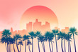 © Matthieu - Los Angeles city downtown skyline illustration at dusk or down with sun in the background and palm trees in the foreground. Yellow, orange and pink scenery 2D illustration. California, USA.