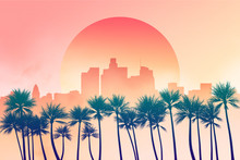 Los Angeles City Downtown Skyline Illustration At Dusk Or Down With Sun In The Background And Palm Trees In The Foreground. Yellow, Orange And Pink Scenery 2D Illustration. California, USA.