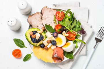 Keto diet plate on white table.