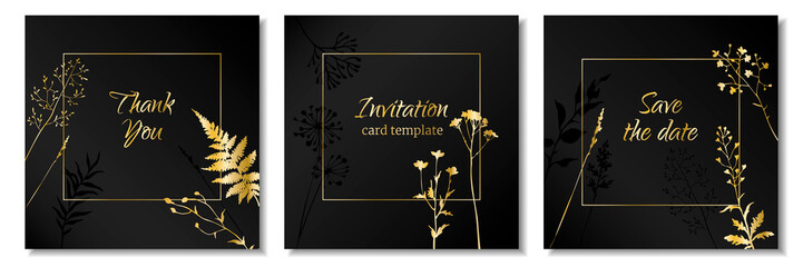Wall Mural - Abstract plant black-gold backgrounds set. Template for your design. Cover. Invitation. Plant frame design. Vector illustration. 