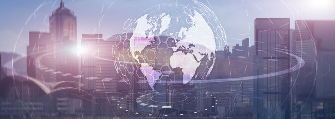 Wall Mural - Globe Global business technology concept of modern city background. Website header.