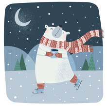 Cute Vector Illustration Of A Funny Northern Polar Bear With A Scarf On Skates And With Coffee In The Winter At The North Pole. Children's Drawing For New Year And Christmas Card Or Background.
