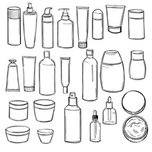 Hand Drawn Cosmetic Bottles. Vector Sketch Illustration.