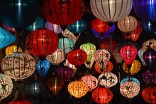 Full Frame Shot Of Illuminated Lanterns Hanging At Night