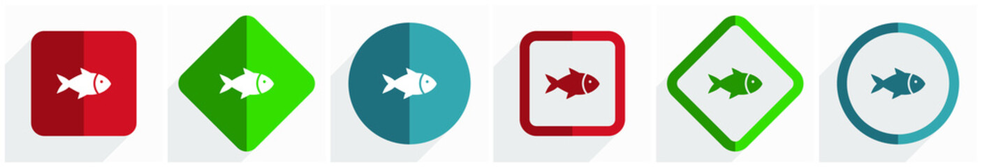 Aufkleber - Fish, sea, animal, seafood, nature, food icon set, flat design vector illustration in 6 options for webdesign and mobile applications in eps 10