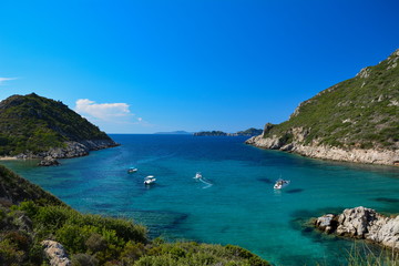 boats on a beautiful double beach Porto Timoni,Afionas,Corfu,Greece,september 2018.