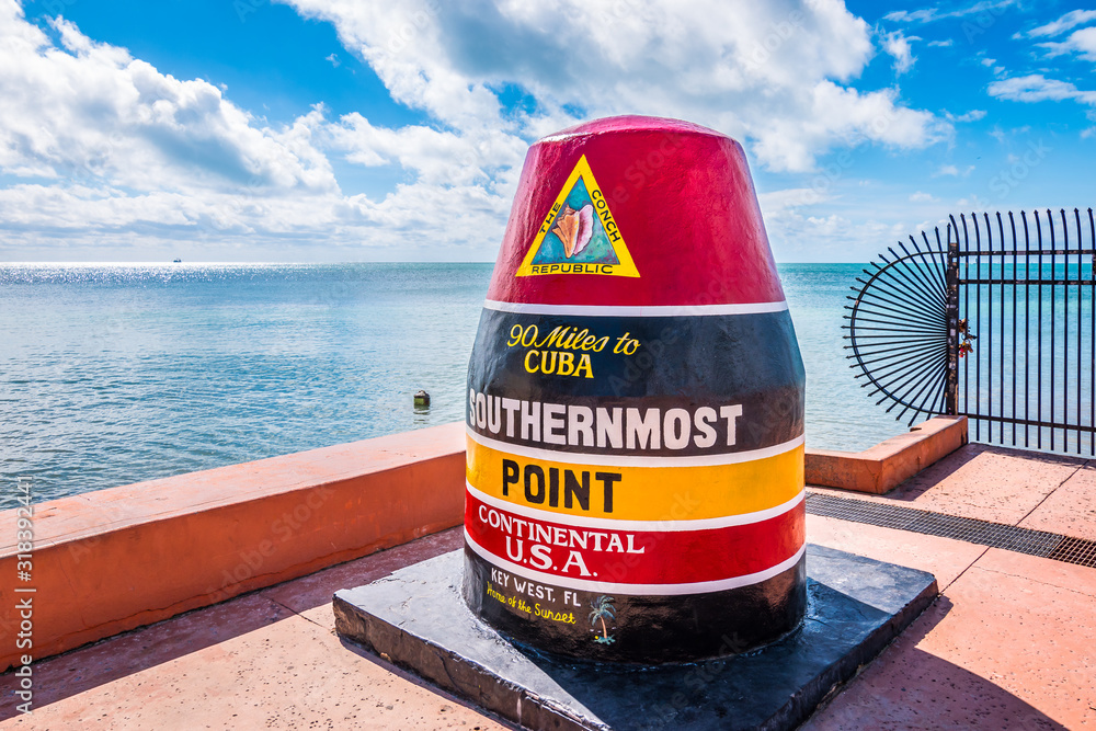 Key West, Florida. Colorful buoy and famous landmark of the southernmost point of the USA. - obrazy, fototapety, plakaty 