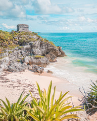 Poster - Tulum Archaeological Site and the Caribbean Ocean. Ancient Mayan pyramids located in Riviera Maya, Mexico