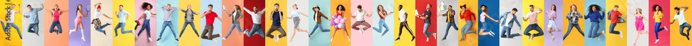 Collage of photos with different jumping people - obrazy, fototapety, plakaty 