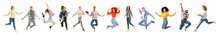 Set Of Different Jumping People On White Background