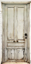 Old Worn White Door Damaged And With Ancient Texture From An Abandoned Building