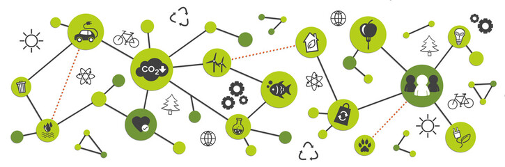 Sustainability and environment banner with green icons, data and web network connection. Sustainable development goals, clean enregy, recycle and reuse, co2 carbon dioxide emissions control. concept.