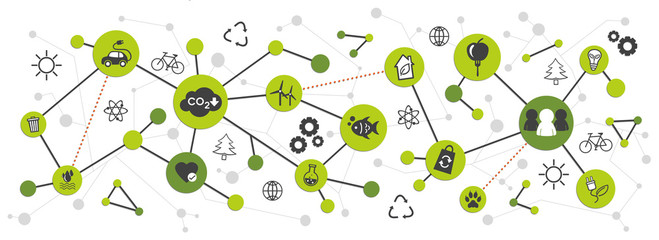 Sustainability and environment banner with green icons, data and web network connection. Sustainable development goals, clean enregy, recycle and reuse, co2 carbon dioxide emissions control. concept.